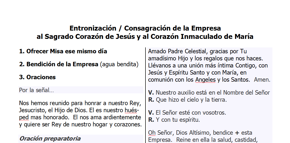 Entronización Hogar y Trabajo - textos